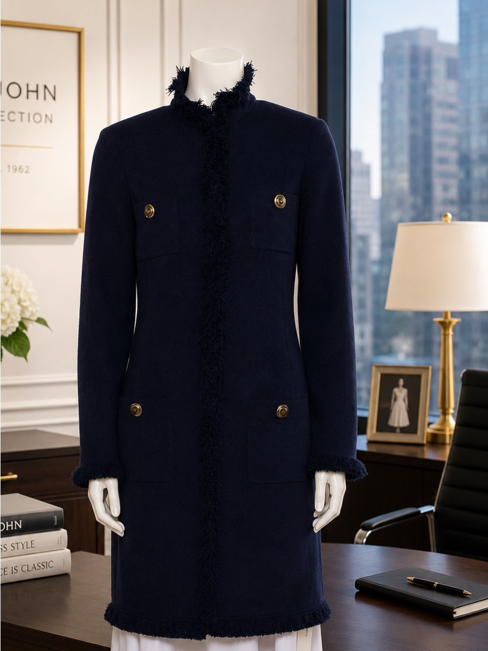 St. John Collection Blue Fringe Trim Long Cardigan / Jacket – Size M (US 6) - Picture 2 of 6